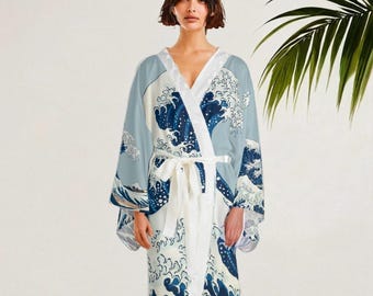 Great Wave Kimono Robe - Japanese Streetwear, Hokusai Inspired Loungewear, Anime Aesthetic Yukata, Stylish Mid-Length Robe