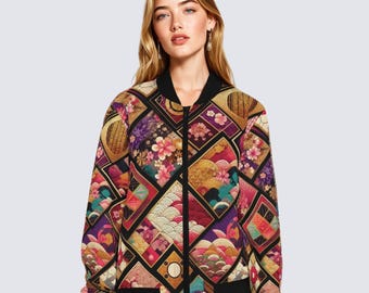 Bomberjack Japanse kunst - kimono-geïnspireerd, levendige bloemenstreetwear, harajuku-mode, Tokyo-stijl, esthetische bovenkleding, anime, Aziatische kunst