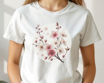 Camiseta con la luna de Sakura, camiseta con flores de cerezo, camiseta con estampado floral japonés, estética cottagecore, camiseta minimalista con motivos naturales, regalo inspirado en Japón