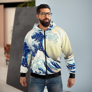 The Great Wave Off Kanagawa Zip Hoodie | Japanese Streetwear, Hokusai Art Hoodie, Ukiyo-e Zip-Up Jacket, Japan Gift for Him, Mt Fuji Waves