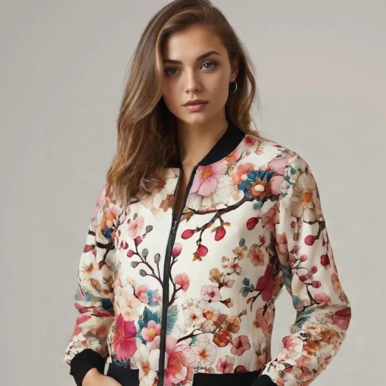 Sakura Blossom Women's Bomber Jacket - Japanese Streetwear, Y2K Aesthetic, Harajuku Fashion, Tokyo Style, Asian Art, Anime-Inspired image 1