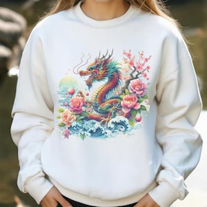 Japanese Dragon Sweatshirt - Y2K Harajuku Aesthetic, Anime Streetwear, Tokyo Style, Asian Art, Mythical Creature, Floral Graphic Pullover
