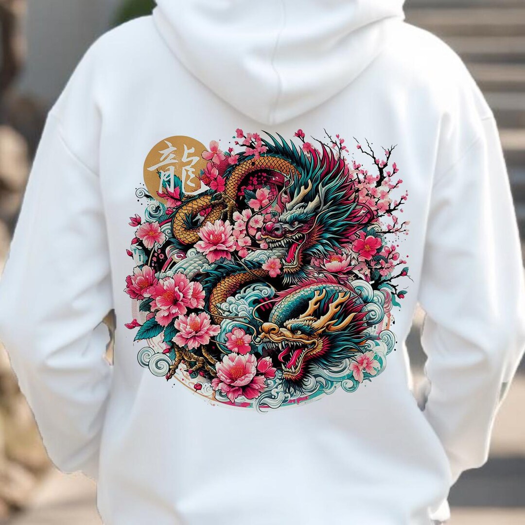 Dragon & Sakura Hoodie | Japanese Streetwear, Mythical Dragon Art