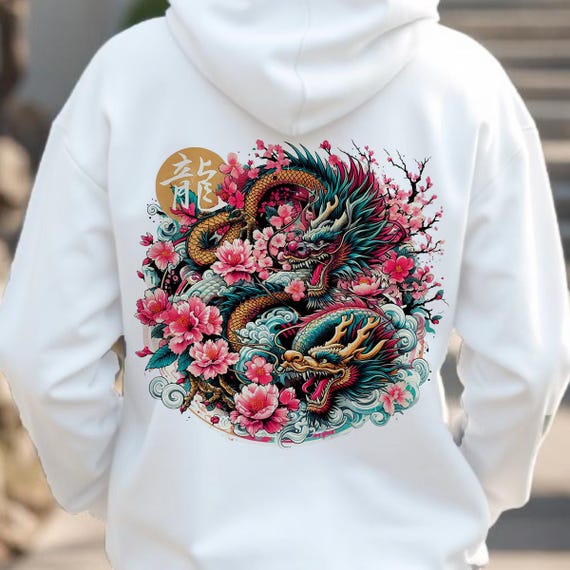 Dragon & Sakura Hoodie | Japanese Streetwear, Mythical Dragon Art