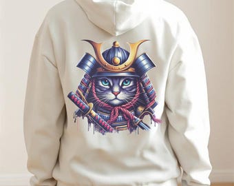 Sweat à capuche chat samouraï - streetwear japonais, esthétique de l'an 2000, mode Harajuku, style Tokyo, art guerrier félin, sweat à capuche pour amoureux des chats, cadeau japonais