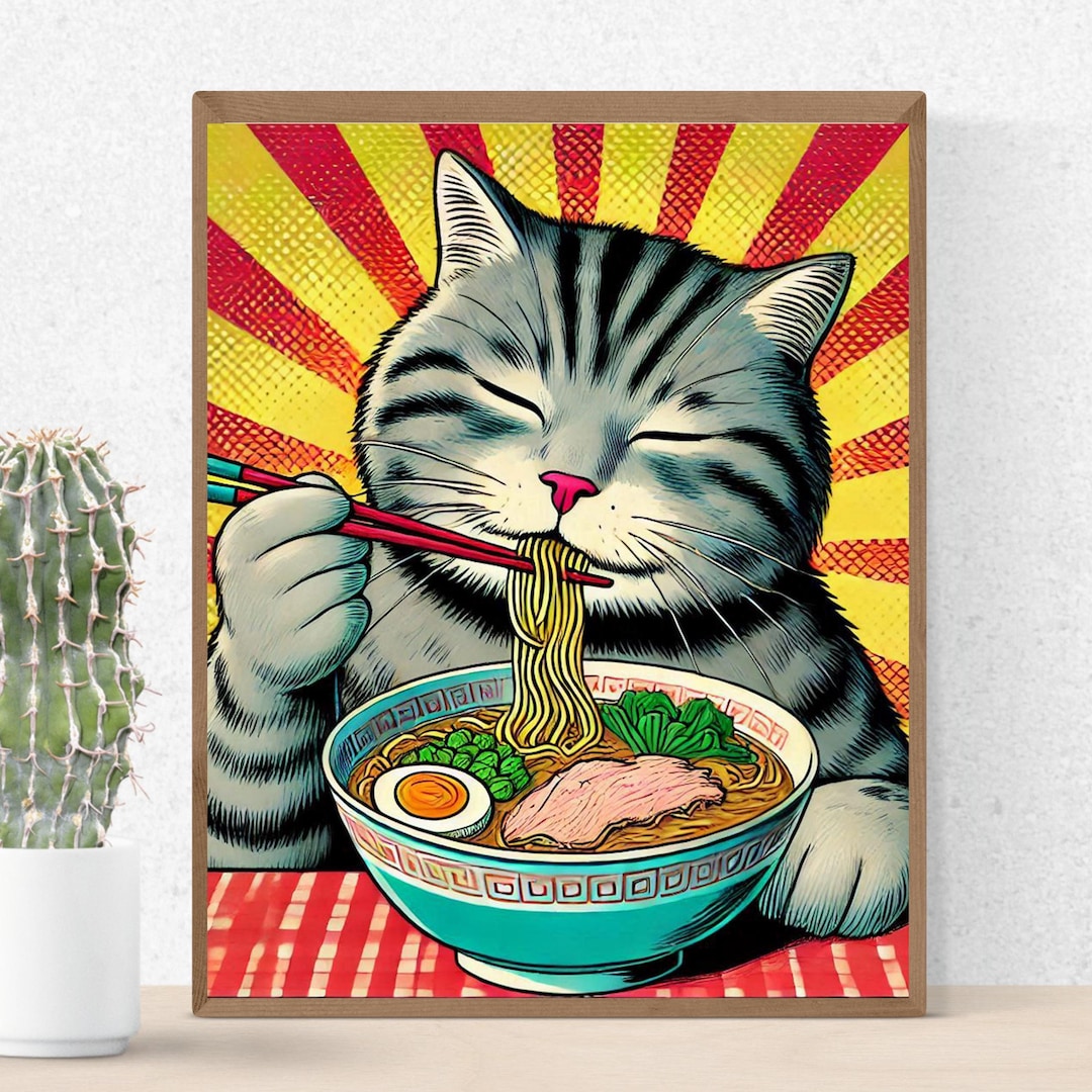 Cat Eating Ramen Poster - Japanese Inspired Poster, Japanese Wall Art ...