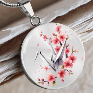 Cherry Blossom & Origami Crane Necklace with Custom Engraving | Japanese Art Jewelry, Elegant Gift, Symbol of Peace and Beauty