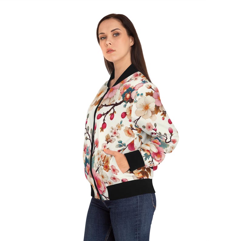 Sakura Blossom Women's Bomber Jacket - Japanese Streetwear, Y2K Aesthetic, Harajuku Fashion, Tokyo Style, Asian Art, Anime-Inspired image 7