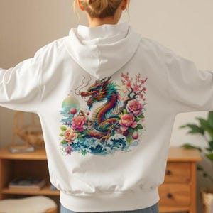 Japanese Dragon Hoodie - Y2K Harajuku Aesthetic, Anime Streetwear, Tokyo Style, Asian Art, Mythical Creature, Floral Wave Graphic Pullover