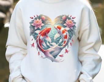 Sudadera con pez koi: ropa de calle japonesa, estética Y2K, moda Harajuku, estilo de Tokio, arte asiático, suéter romántico con loto inspirado en el anime