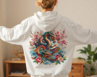 Cherry Blossom Dragon Hoodie - Japanese Streetwear, Harajuku Y2K, Tokyo Style, Asian Art Pullover, Asian Art, Anime-inspired