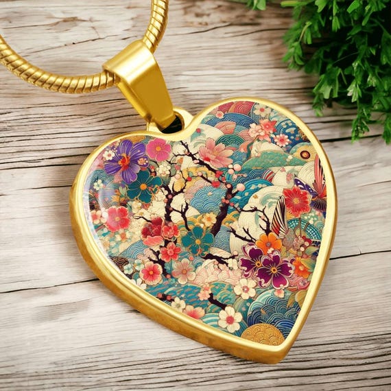 Kimono-inspired Floral Heart Necklace Gold Plated Pendant