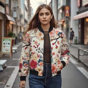 Sakura Blossom Women's Bomber Jacket - Japanese Streetwear, Y2K Aesthetic, Harajuku Fashion, Tokyo Style, Asian Art, Anime-Inspired image 2