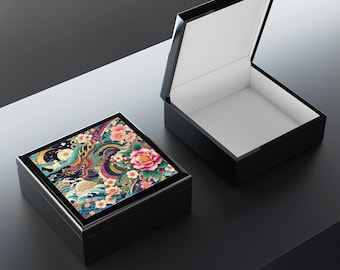 Dragon and Cherry Blossom Jewelry Box - Japanese Art Keepsake, Artistic Wooden Storage Box, Elegant Cultural Gift, Japanese Gift, Asian Art