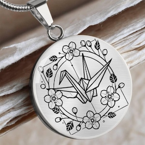 Origami Crane & Sakura Necklace with Custom Engraving | Japanese Art Jewelry, Elegant Symbol of Peace and Beauty, Asian Art