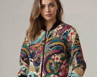 Bomberjack Dragon & Cherry Blossom - Japanse streetwear, esthetiek anime, mythische kunst, harajuku-mode, Tokio-stijl
