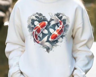 Koi Fish Heart Sweatshirt - Japanese Streetwear, Y2K Aesthetic, Harajuku Fashion, Tokyo Style, Asian Art, Anime-Inspired Unisex Sweater