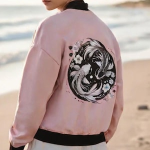 Yin-Yang Koi Bomber Jacket - Japanese Streetwear, Anime Aesthetic, Sakura Design, Asian Art Top, Elegant Women&#39;s Jacket, Tokyo Style Fashion