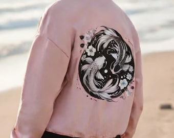 Chaqueta bomber con diseño de pez koi yin yang: ropa de calle japonesa, estética de anime, diseño de sakura, top de arte asiático, chaqueta elegante para mujer, moda de estilo tokiota