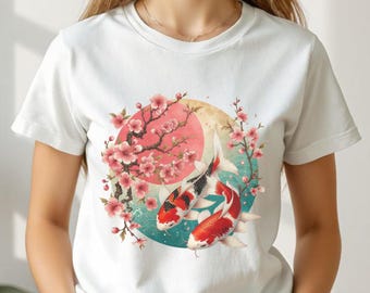 Elegant Japanese Koi and Cherry Blossom T-Shirt | Y2K Aesthetic, Tokyo Style, Ukiyo-e Art, Japanese Streetwear, Unisex Travel Tee, Harajuku