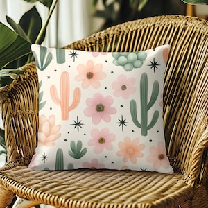 Southwest Cactus Boho Throw Pillow Neutral Home Décor Cushion Modern Bohemian Desert Themed Decor Southwest Aesthetic Decorative Pillow