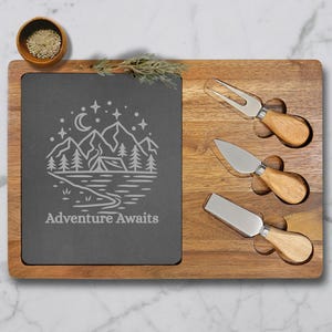 Engraved Mountain Charcuterie Board Outdoor Adventures Cheese Tray Slate Cutting Board Mountain Kitchen Decor Adventure Awaits Gift