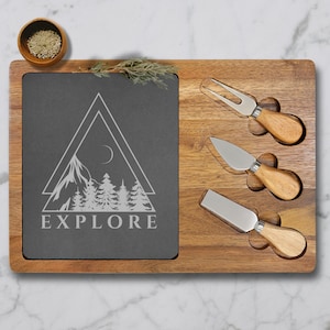 Engraved Mountain Charcuterie Board Outdoor Adventures Cheese Tray Slate Cutting Board Mountain Kitchen Decor Explore The Mountains Gift