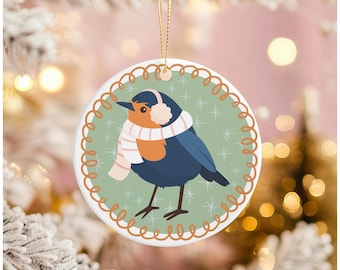 Folk Art Bird Christmas Ornament Woodland Bird Lover Gift Holiday Winter Decoration Rustic Nature Inspired Tree Ornament