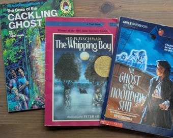 3pk Sid Fleischman Paperback Books: The Case of the Cackling Ghost, GHOST, Whipping Boy, Ghost in the Noonday Sun Vintage Chapter Books