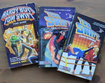 3pk HARDY BOYS & Tom SWIFT: Time Bomb (Super Thriller), Black Dragon, Cyborg Kickboxer - Vintage Paperback Chapter Book Mysteries