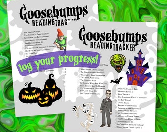 May include: A printable Goosebumps reading tracker with a checklist of Goosebumps books. The tracker features a black and orange pumpkin, a green monster, a mummy, and a haunted house.