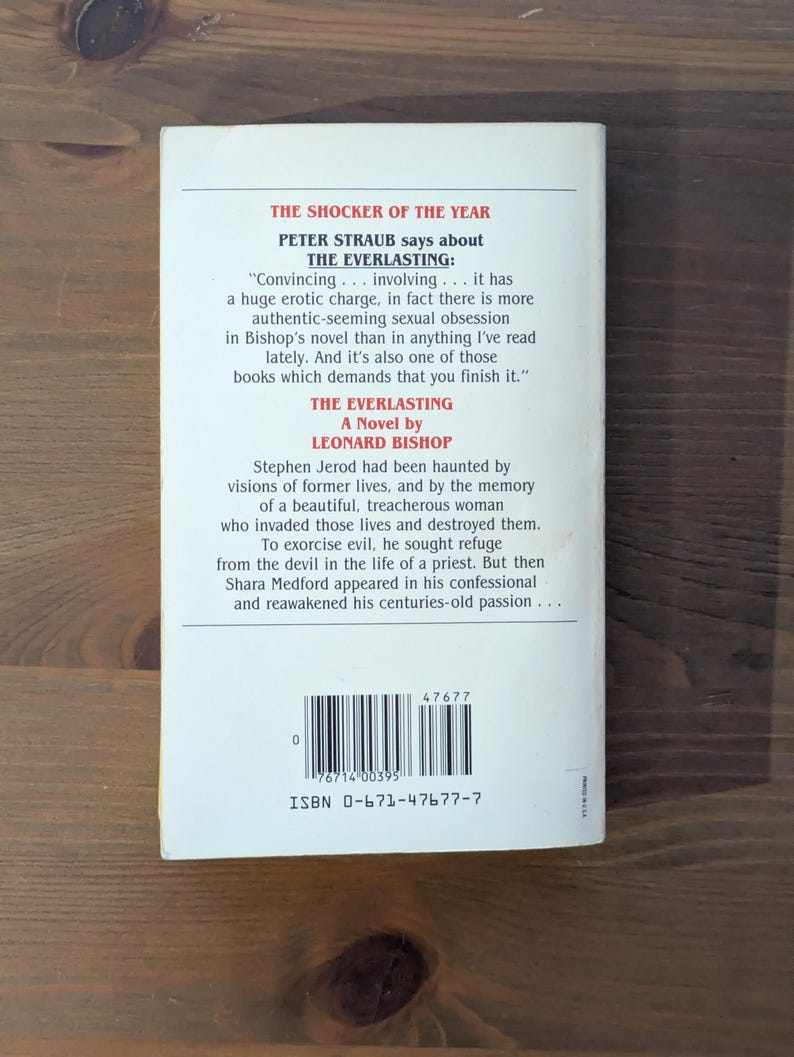 May include: A paperback book titled "The Everlasting" by Leonard Bishop. The back cover features a quote from Peter Straub and a plot summary. The book has a white background with black text and a barcode.