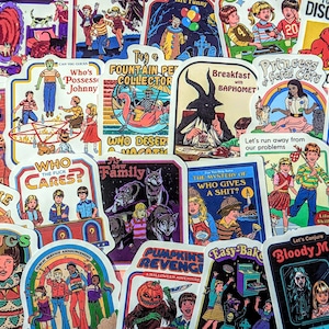 May include: A collection of colorful stickers with humorous and dark themes. The stickers feature illustrations of people, animals, and objects, with text such as "Who Cares?", "Breakfast with Baphomet", and "Let's Conjure Bloody Mary".