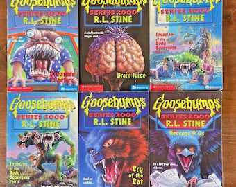 May include: Six Goosebumps Series 2000 books by R.L. Stine are displayed. Titles include "Creature Teacher", "Brain Juice", "Invasion of the Body Squeezers Part 2", "Invasion of the Body Squeezers Part 1", "Cry of the Cat", and "Revenge R Us".
