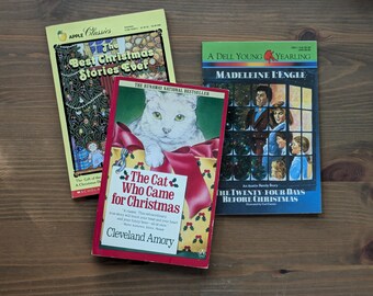 3pk Vintage Holiday Books -  Best Christmas Stories Ever, Cat Who Came for Xmas, 24 Days Before Madeleine L'Engle Paperback Book Set Lot
