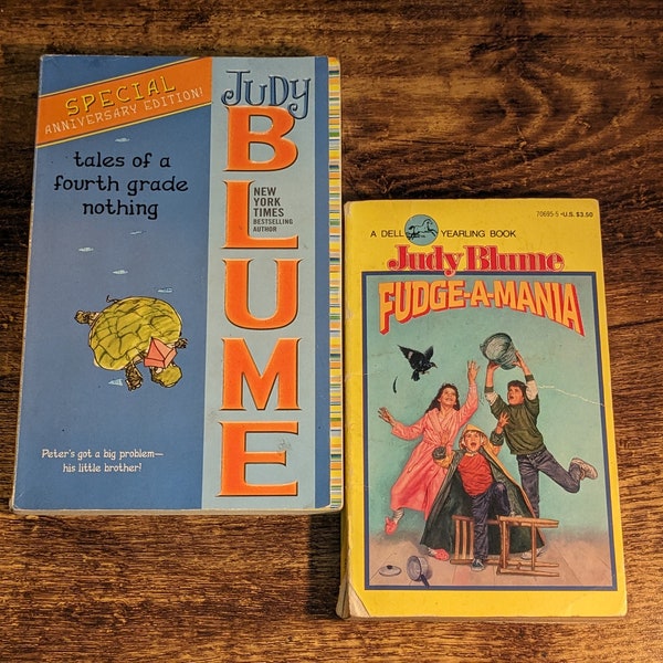 2pk JUDY BLUME - Fudge-A-Mania & Tales of a Fourth Grade Nothing Book Set, Kids Paperback Chapter Book Bestsellers Retro Gift Book Lot