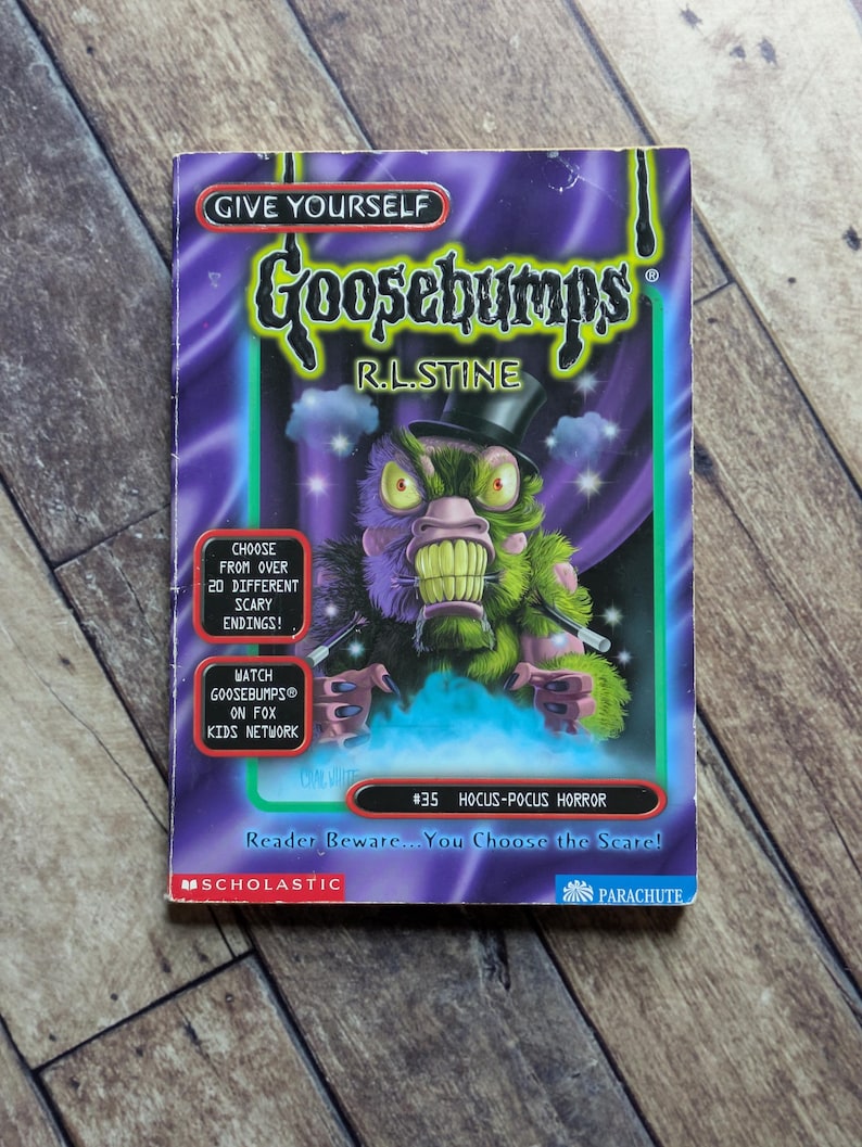 May include: A Give Yourself Goosebumps book titled Hocus-Pocus Horror by R.L. Stine, featuring a green, furry creature in a top hat on a purple background. The cover includes text about 20 scary endings and the Fox Kids Network broadcast.