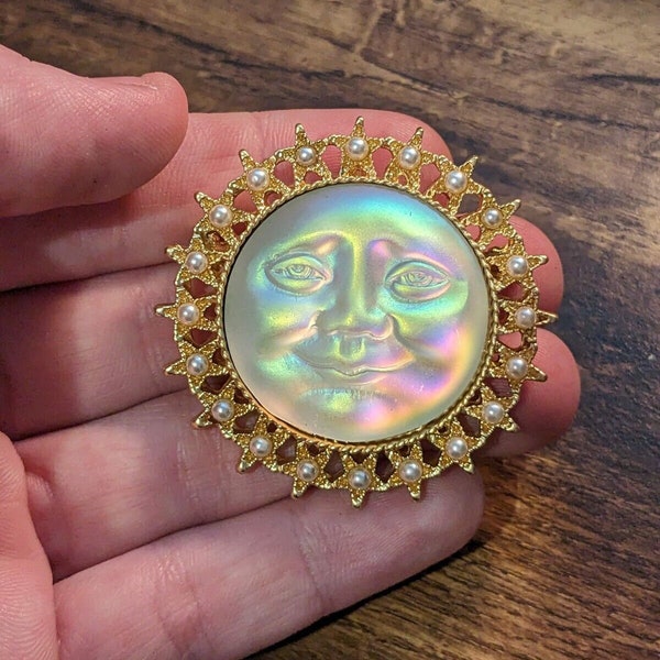 LUMINOUS MOON BROOCH Vintage Style Boho Pin Gift Jewelry, Holiday Gift Party Accessory, Costume Throwback Retro Decor Witch Astrology Magic