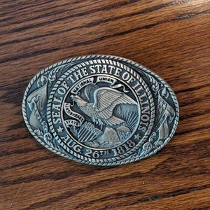 ILLINOIS BELT BUCKLE - Vintage State Seal - Heavy Duty Solid Brass Gift - Tony Lama Adm 80s Vintage Men&#39;s Accessory, Flying Eagle Patriot