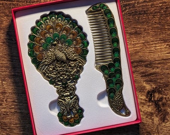 PEACOCK MIRROR SET - Vintage Style Feather Handmirror & Comb Gift Box - Stunning Colorful Enamel, Makeup Accessory, Art Piece for Desk