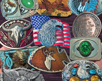 VINTAGE BELT BUCKLES - You Pick Throwback Metal, Pewter, Brass, Wooden Mens Accessory Gifts, Patriotic Eagle American Western Indian Artwork