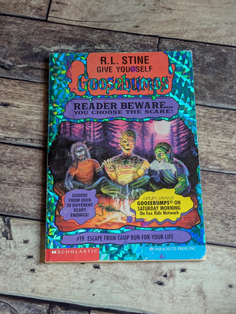 May include: A paperback book titled Give Yourself Goosebumps #19 Escape From Camp Run-For-Your-Life by R.L. Stine. The cover features a holographic foil background with an illustration of three monsters around a campfire and text.