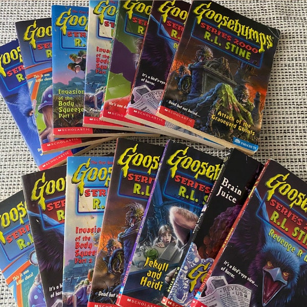 GOOSEBUMPS 2000 Paperback Titles 1-25, Vintage Retro Kids Horror Books, RL Stine Sequel Series, Living Dummy, Body Squeezer, Be Afraid &More