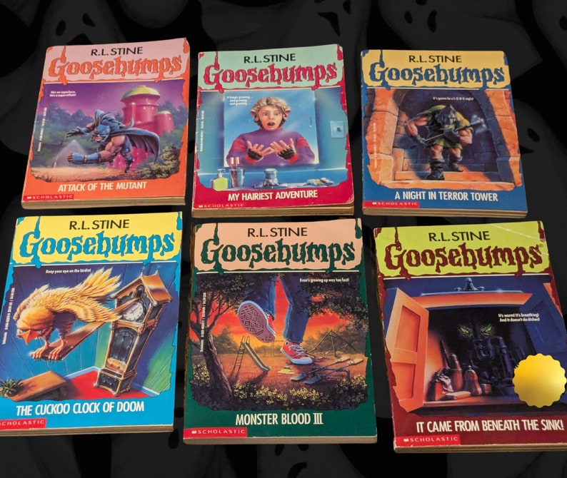 以下が含まれることがあります： R.L. Stineによる「Goosebumps」シリーズのヴィンテージ本6冊。表紙には、「Attack of the Mutant」、「My Hairiest Adventure」、「A Night in Terror Tower」などのカラフルなイラストとタイトルが描かれています。Scholasticから出版。