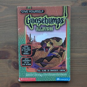 May include: A paperback book titled Give Yourself Goosebumps #26 Alone in Snakebite Canyon by R.L. Stine. The cover features a coiled rattlesnake in a desert landscape with text boxes stating Choose from over 20 different scary endings.