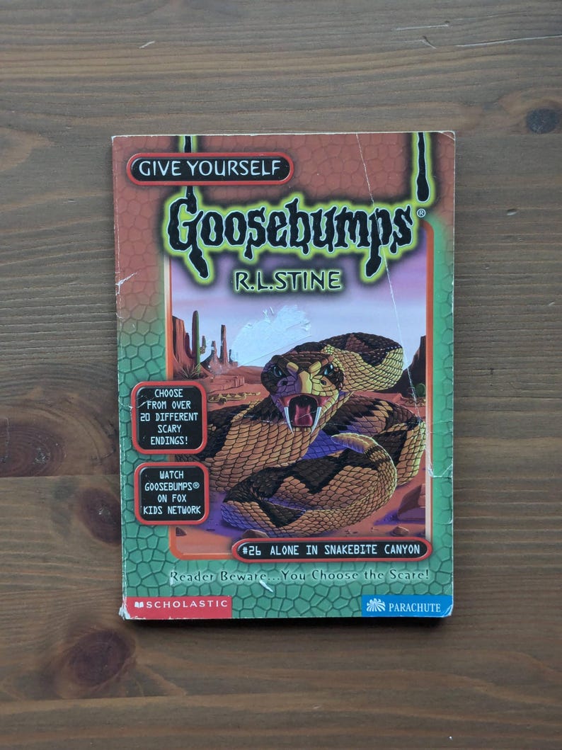 May include: A paperback book titled Give Yourself Goosebumps #26 Alone in Snakebite Canyon by R.L. Stine. The cover features a coiled rattlesnake in a desert landscape with text boxes stating Choose from over 20 different scary endings.