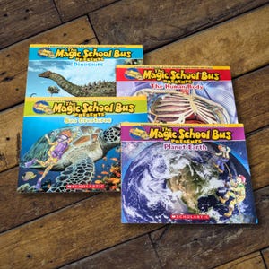 Könnte beinhalten: Vier Softcover-Bücher aus der Reihe The Magic School Bus Presents mit den Titeln Dinosaurs, The Human Body, Sea Creatures und Planet Earth. Jedes Buch zeigt farbenfrohe Illustrationen und das Scholastic-Logo auf dem Vorderdeckel.