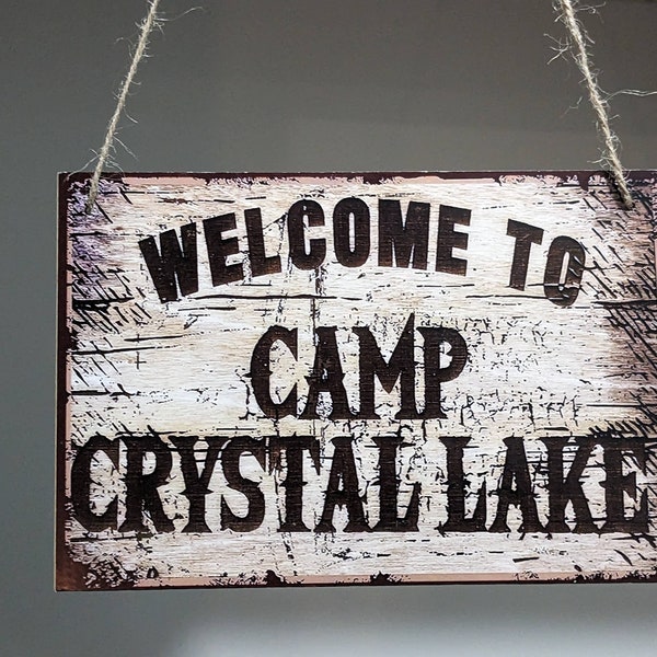 CAMP CRYSTAL LAKE Vintage Style Wooden Welcome Sign on Rope, Horror Movie Decor, Scary Movie Friday 13th Gift, Summer Camp Thriller Movies