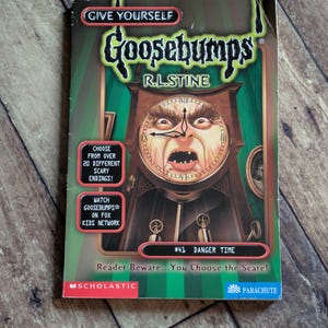 May include: A Give Yourself Goosebumps book titled Danger Time by R.L. Stine. The cover features a grandfather clock with a human face, green striped background, and text boxes stating Choose from over 20 different scary endings and more.