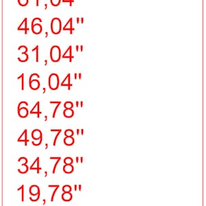 May include: A red and white wood cutting list with 18 pieces of wood in various sizes, measured in inches. The list includes measurements for each piece of wood, such as 22,85" and 46,43".